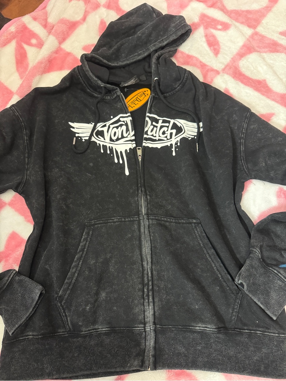 Von Dutch Black Washed Zip-Up Sweatshirt with White Logo